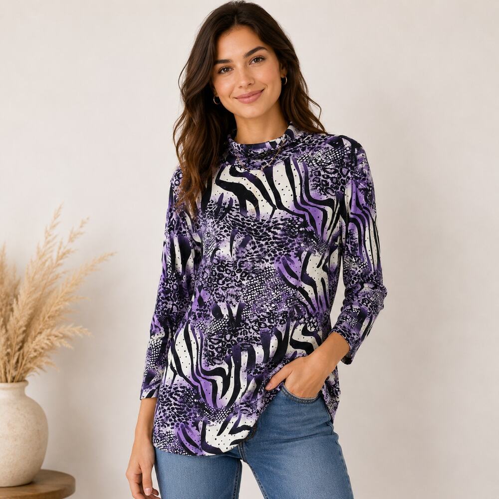 Susan Graver Liquid Knit Blouse Women's Size 2X Purple Animal Print